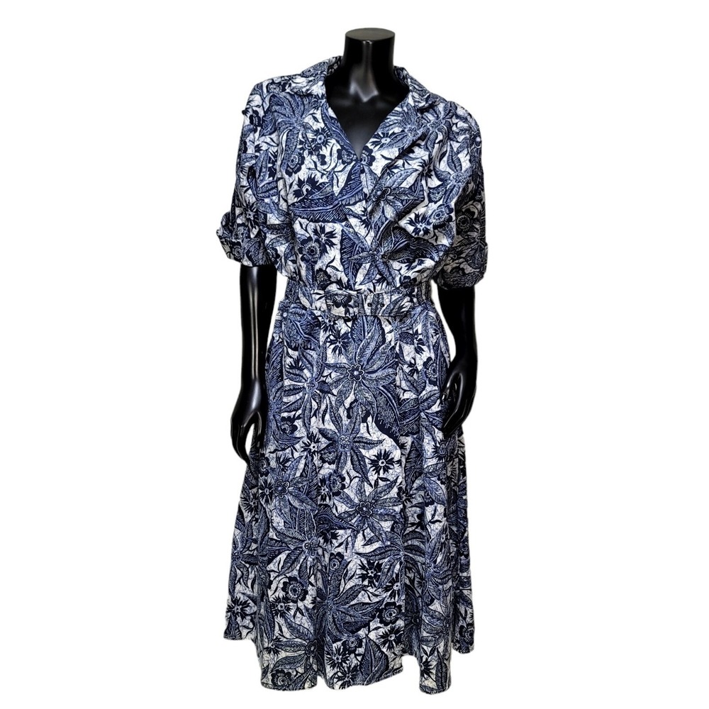 Vintage 90s Willow Ridge Blue White Abstract Floral Wrap Dress Belted Midi L